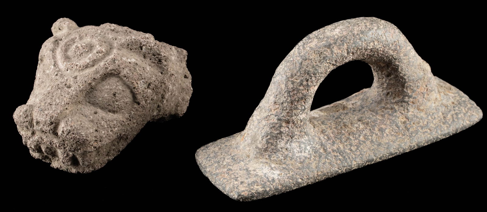 Costa Rican Basalt Mano & Jaguar Head: Pre-Columbian, Central America, Costa Rica, ca. 200 to 1000 CE. A set of 2 hand-carved stone artifacts from ancient Costa Rica including a jaguar head and a petite grinding tool called a mano ("hand"