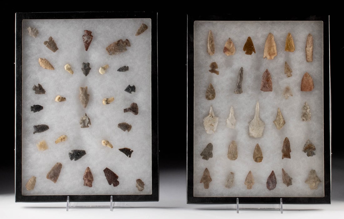 53 Native American Arrowheads + 6 Elk Teeth (Ivories): Native American, United States, Archaic to Woodlands period, ca. 8000 BCE to 1800 CE. A collection of 53 knapped stone projectile points, drills, and other tools made from chert, and 6 elk teeth known