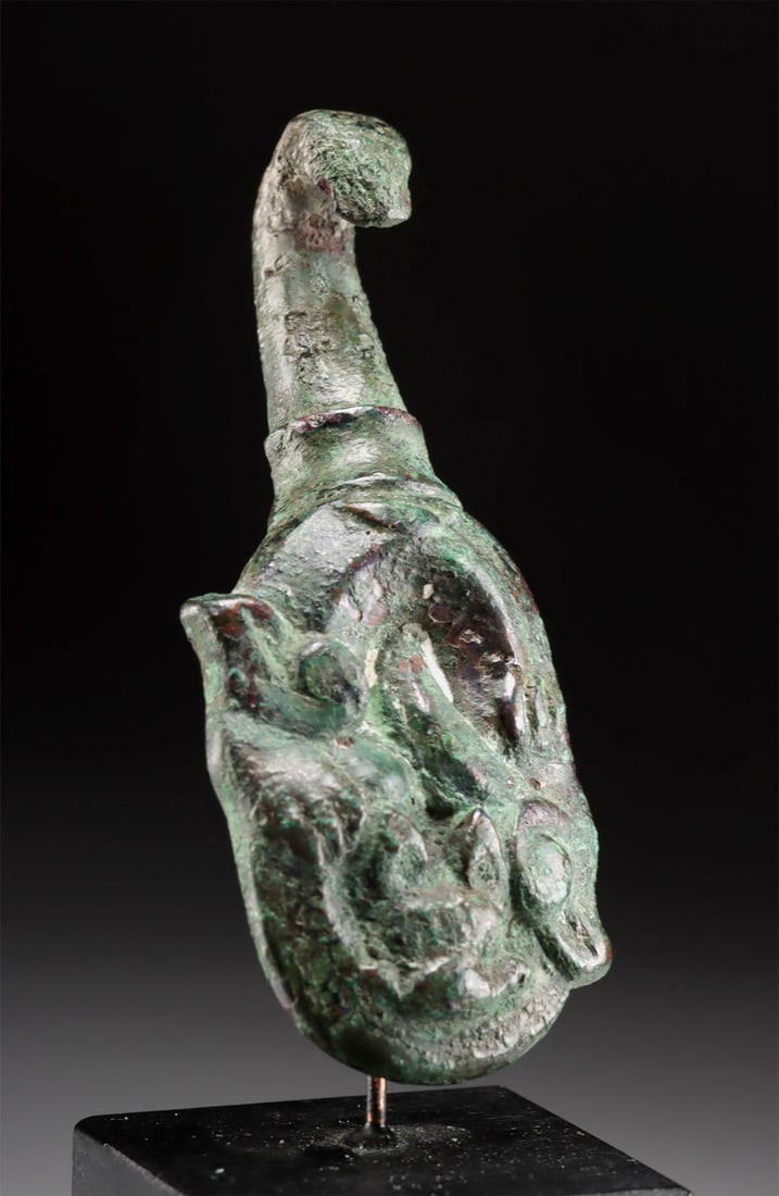 10th C. Korean Goryeo Garment Hook (Serpent / Bird): **Originally Listed At $400** East Asia, Korea, Goryeo period, ca. 918 to 1392 CE. A fascinating copper clasp featuring a meandering zoomorphic design and a curved hook in the form of a serpent or bir