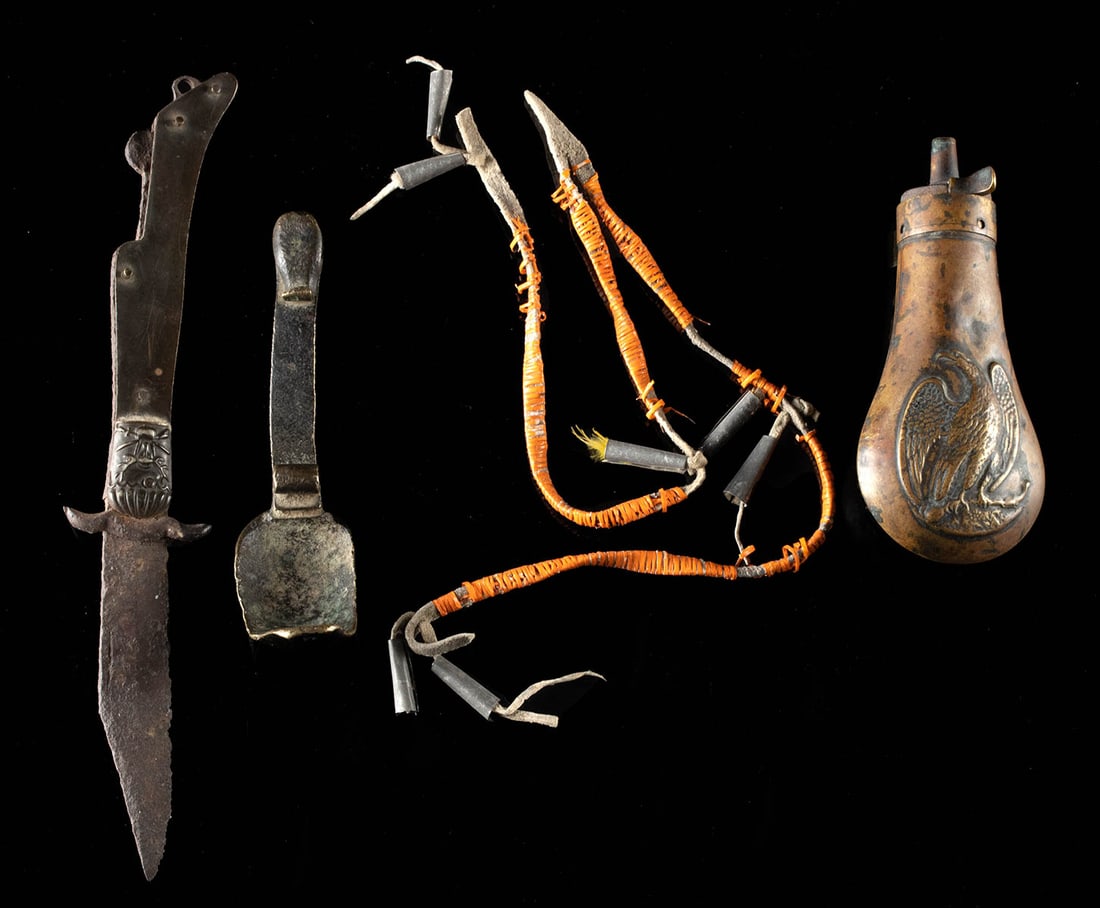 19th C. US Gunpowder Flask, Knife & Lakota Leather Cord: **Originally Listed At $400** North America, United States & Western Plains Tribes, perhaps Lakota (Sioux), ca. 19th to early 20th century CE. A collection of a Native American leather tassel and 3 an