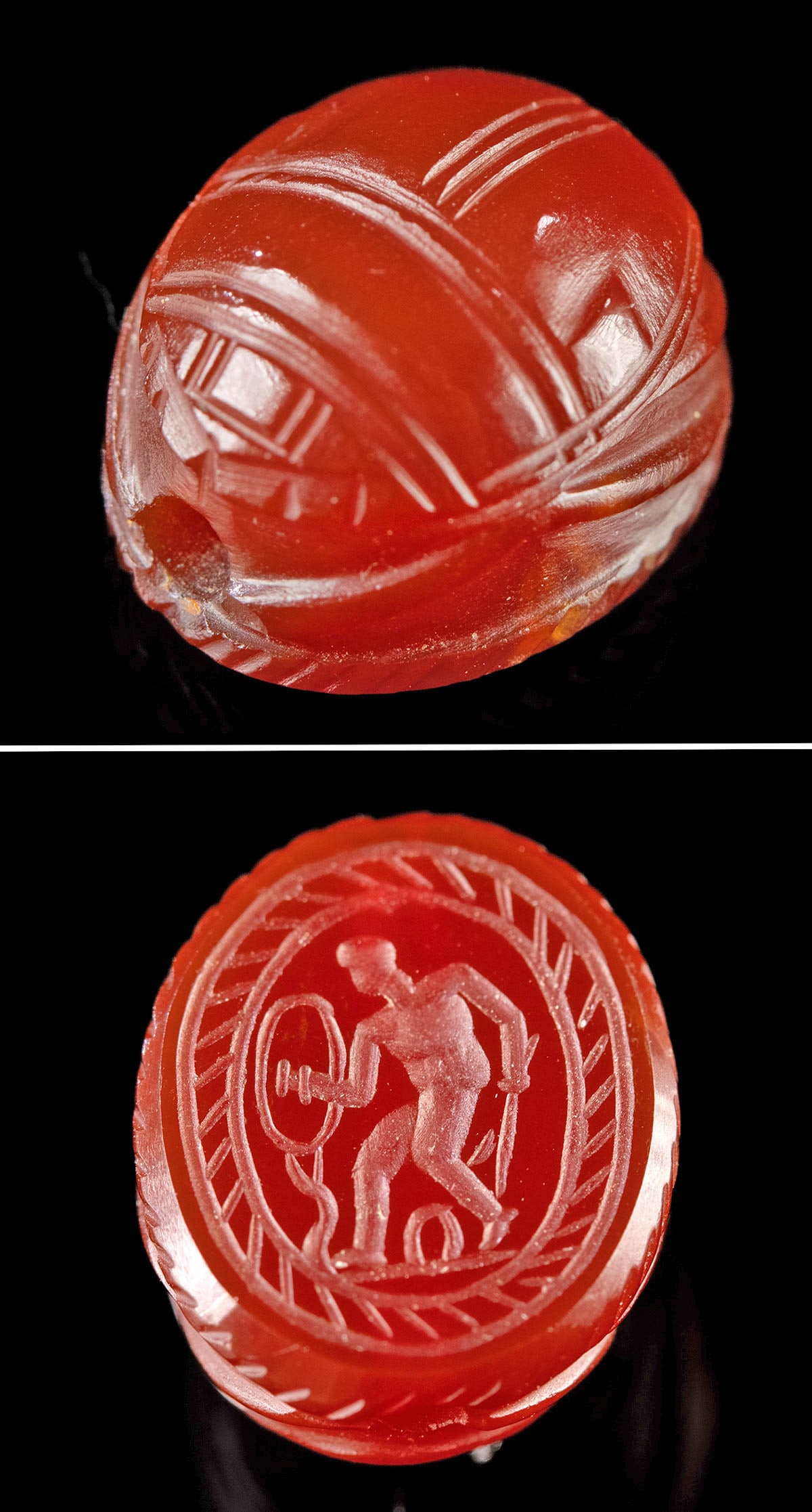 Neoclassical Carnelian Scarab Bead Nude Gladiator: **Originally Listed At $450** Europe, Neoclassical / Etruscan revival, ca. 19th to 20th century CE. A gorgeous garnet bead, hand-sculpted to portray a winged scarab on its convex side and the image of