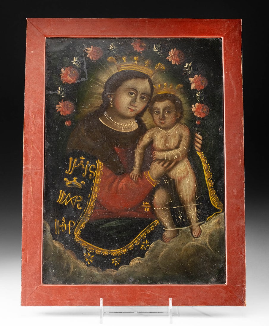 Early Mexican Retablo, Our Lady Refuge of Sinners: Latin America, Mexico, ca. early 20th century CE. An endearing iron retablo depicting the Virgin mother and infant Christ child, both ornately crowned and adorned, all hand painted in vibrant hues on