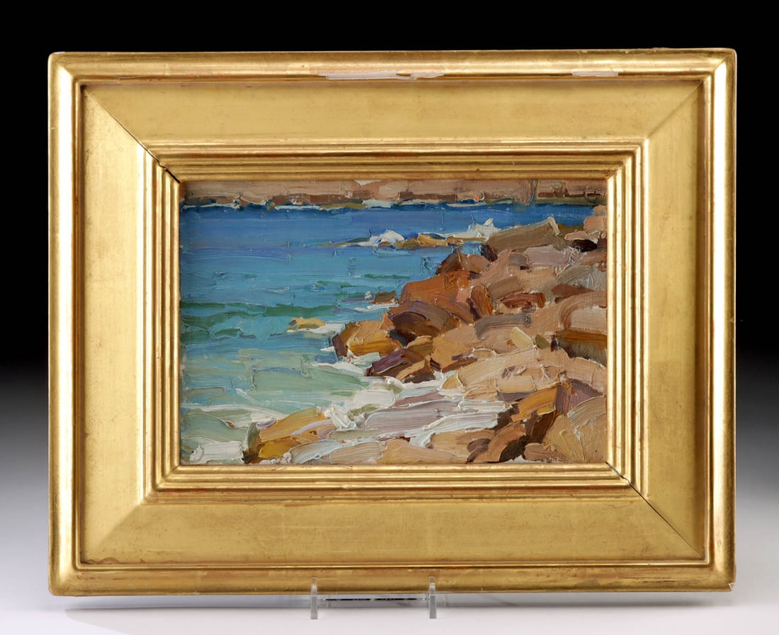 Mark Daily Painting - "Bandol France" Seascape (1976): Mark Daily (American, b. 1944). "Bandol, France" oil on canvas board, 1976. Signature, title, and date handwritten on verso. A breathtaking seaside painting of Bandol, France by Mark Daily mounted in