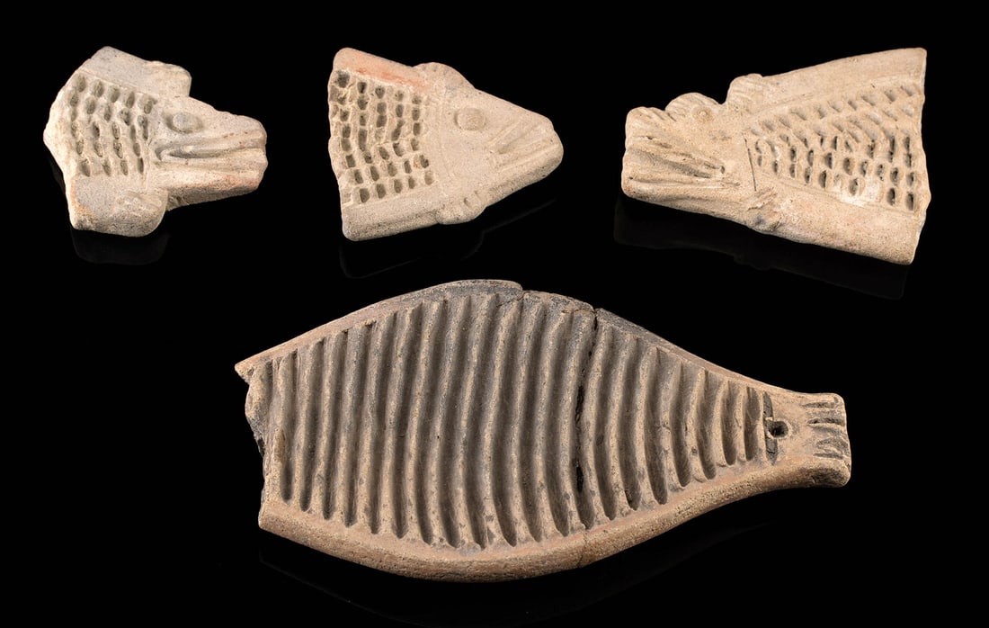 La Tolita Pottery Fish Grater Fragments: **Originally Listed At $250** Pre-Columbian, Colombia, Tumaco region, La Tolita culture, ca. 500 BCE to 500 CE. A set of 4 fragmentary pottery graters, each in the form of a stylized fish with incised