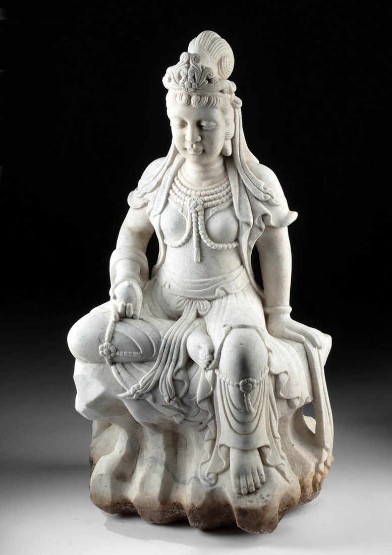 19th C. Chinese Qing Marble Seated Guanyin on Lotus (1 of 4)