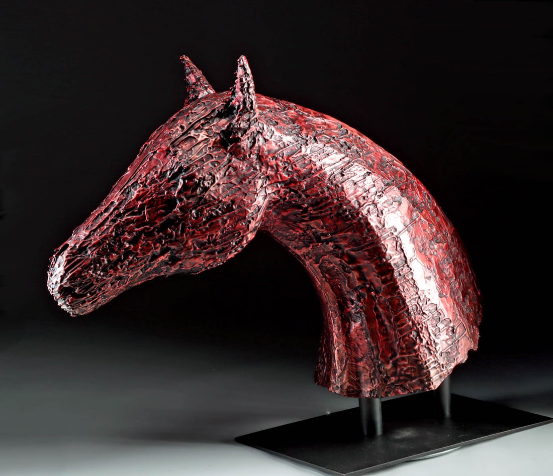 Majestic JD Hansen Bust "Pinot" Bronze (2015): JD Hansen (American, b. 1969). "Pinot" bronze, 2015. Edition number 2 of 9. Signature, edition number, and foundry mark on bronze. A striking bronze bust of a majestic horse by American sculptor JD Ha