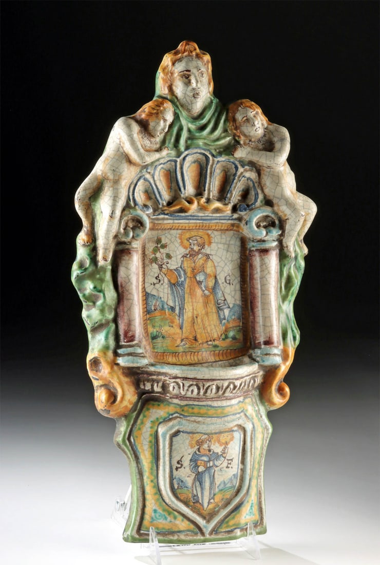 Early Italian Majolica Holy Water Font w/ Saints (1 of 4)