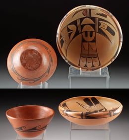 Two Hopi Pottery Bowls - Birds & Waves