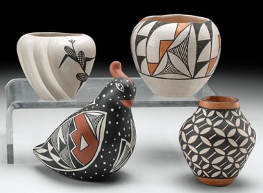 Three Signed Acoma Miniature Pottery Vessels & Quail