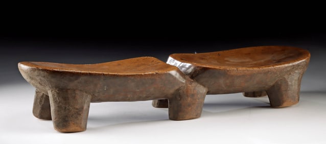 African Senufo Wood Double Marriage Headrest / Stool
