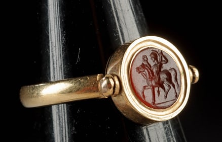 Gold Swivel Ring w/ Roman Carnelian Intaglio Horseman