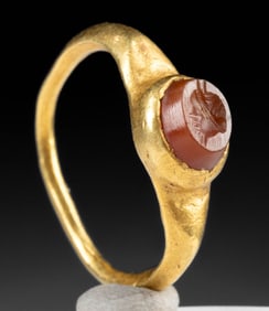 Roman Carnelian Intaglio w/ Satyr Mask in Gold Ring