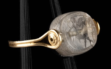 Etruscan Rock Crystal Scaraboid Satyr, Gold Swivel Ring