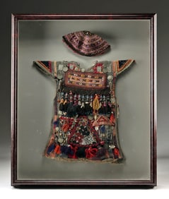 Framed Turkomen Child's Textile Talisman Tunic & Cap