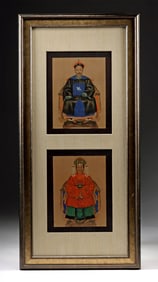 Pair of 19th C. Chinese Qing Silk Ancestor Portraits