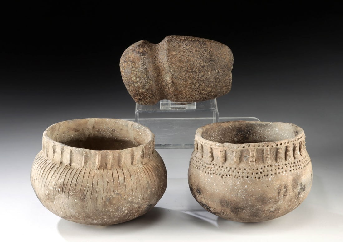 2 Mississippian Pottery Bowls + Full-Groove Stone Axe (1 of 1)