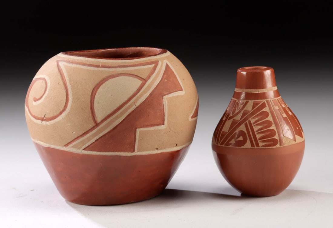 Two Jemez Pueblo Pottery Vessels, 1 by L. Chinana: Lorraine Chinana (Jemez, b. 1955), ca. late 20th century CE; Jemez Pueblo, ca. mid to late 20th century CE. Smaller vessel signed on base. A set of 2 Jemez Pueblo redware pottery vessels, the more pet