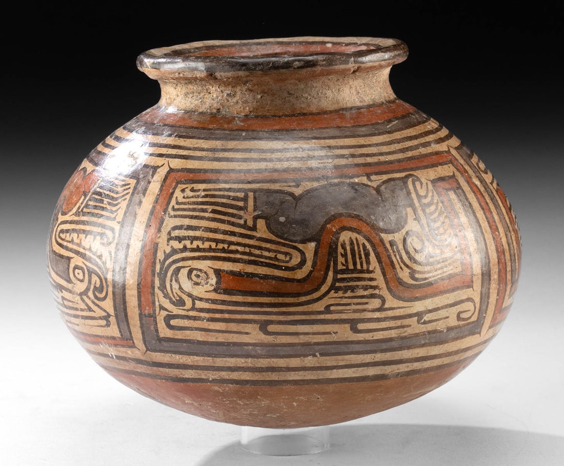 Gran Cocle Macaracas Olla Reptilian Motifs, ex-Tillou: Pre-Columbian, Central America, Panama, Gran Cocle, Macaracas type, ca. 800 to 1000 CE. This striking spherical pottery olla features a round but stable base, with meticulously stone-burnished surface