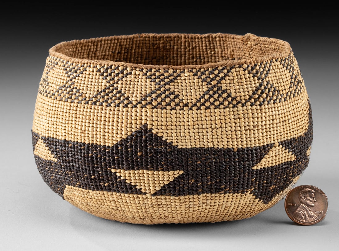 NW California Yurok Hand-Twined Basket, Geometric Overlay (1 of 3)