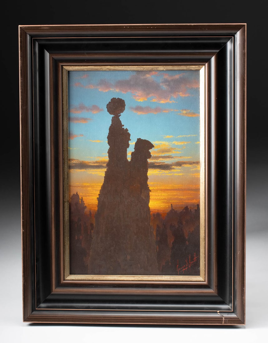 George D. Smith Painting "Spirit of the Hoodoos" (1990): George D. Smith (American, b. 1944). "Spirit of the Hoodoos" oil on board, 1990. Signed at lower right. A stunning landscape painting of sublime rock formations called "Hoodoos" at sunset in Upper Lam