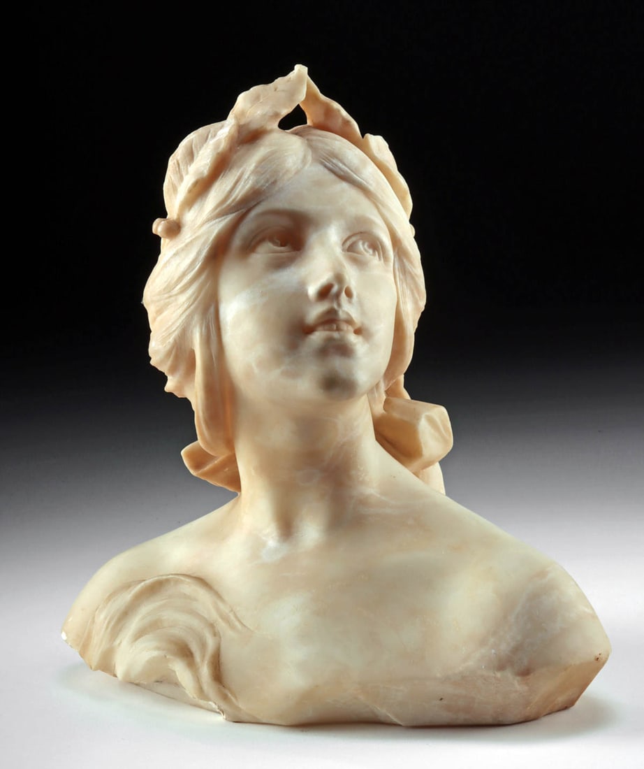 Antonio Frilli Alabaster Bust of a Young Woman: Antonio Frilli (Italian / Florentine, 19th century). This exquisite alabaster sculpture by celebrated Florentine artist Antonio Frilli captures the serene beauty of a young woman. Signed "A. Frilli /
