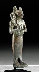 Egyptian Bronze Bastet Holding Sistrum & Aegis