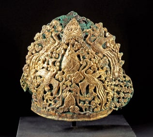 Magnificent Tang Dynasty Gilt Brass Crown, Phoenix and Cloud Motifs