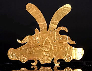 Calima Yotoco Gold Headdress Ornament, Anthropomorphic Face and Birds