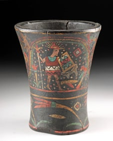 Post-Conquest Inca Painted Wood Kero (Warriors, Birds, Flora)