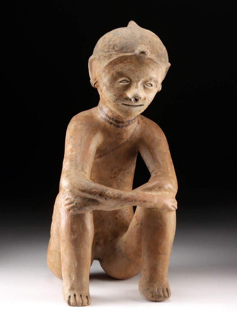 Remarkable Nayarit Chinesco Pottery Figure, Lagunillas Type A: Pre-Columbian, West Mexico, southern Nayarit region, Chinesco, Lagunillas, Type A, Protoclassic, ca. 100 BCE to 250 CE. A remarkable pottery male figure of the Lagunillas Type A form, posed naturalist