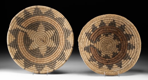 Two Hopi & Navajo Basketry Trays w/ Sipapu Motif