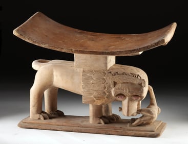 African Ashanti Wood Prestige Stool, Lion Eating Man