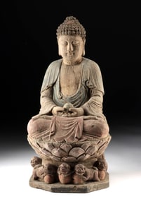 Chinese Painted Wood Seated Buddha on Lotus w/ Fu Dogs