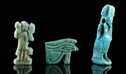 3 Ancient Egyptian Faience Amulets, Thoth, Wadjet & Shu