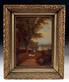 19th C. Landscape Painting - Two Women by Lake