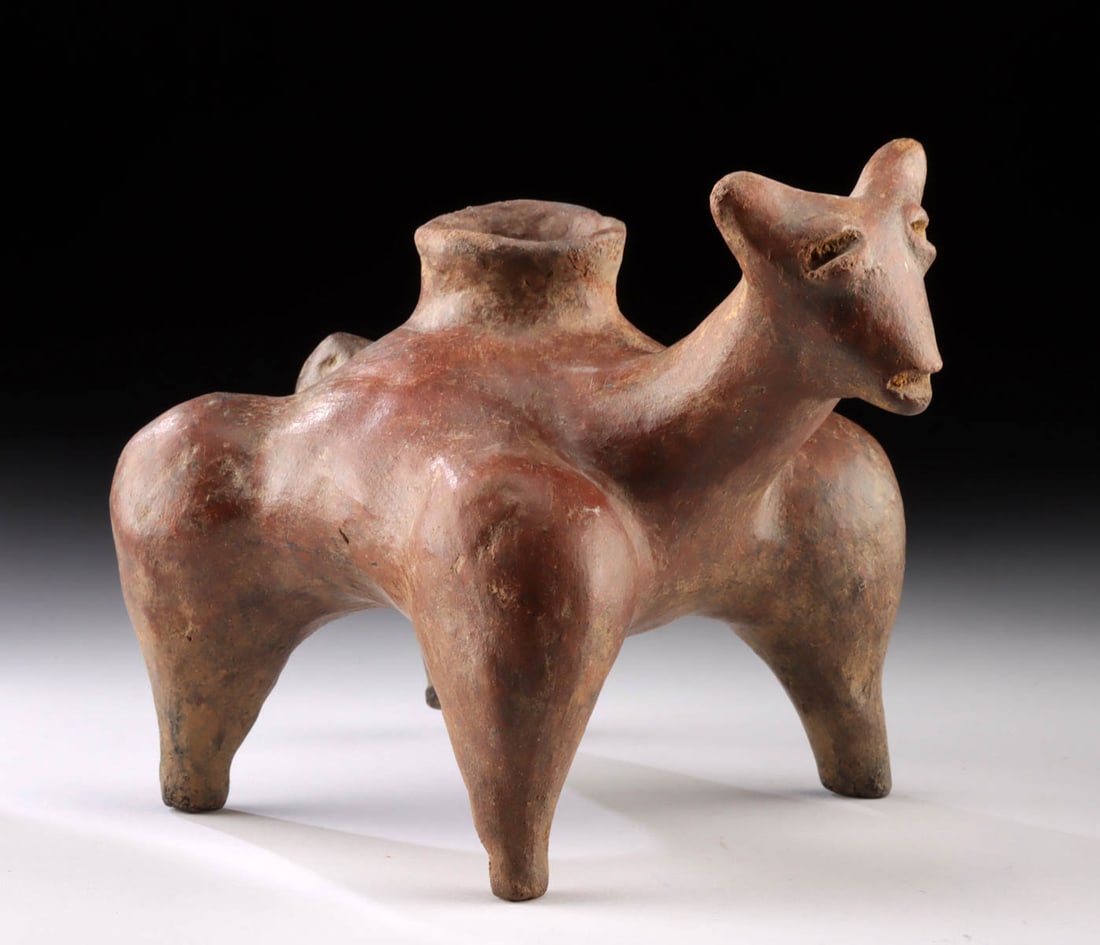 Jalisco Redware Quadruped Dog Vessel: Pre-Columbian, West Mexico, Jalisco, ca. 300 BCE to 300 CE. A delightful pottery vessel in the form of a stylized dog standing upon 4 tapered feet with bulging leg muscles and a protruding head. Crown