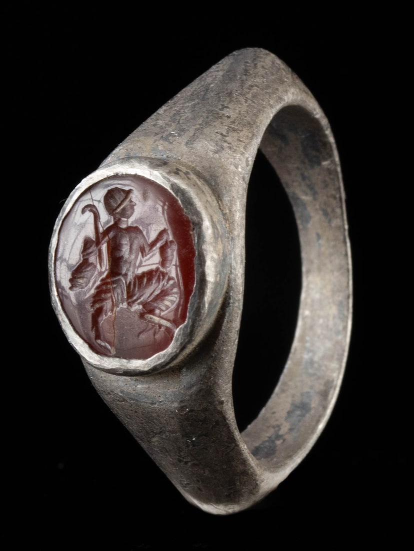 Roman Silver Ring w/ Carnelian Intaglio - Dancing Satyr (1 of 3)