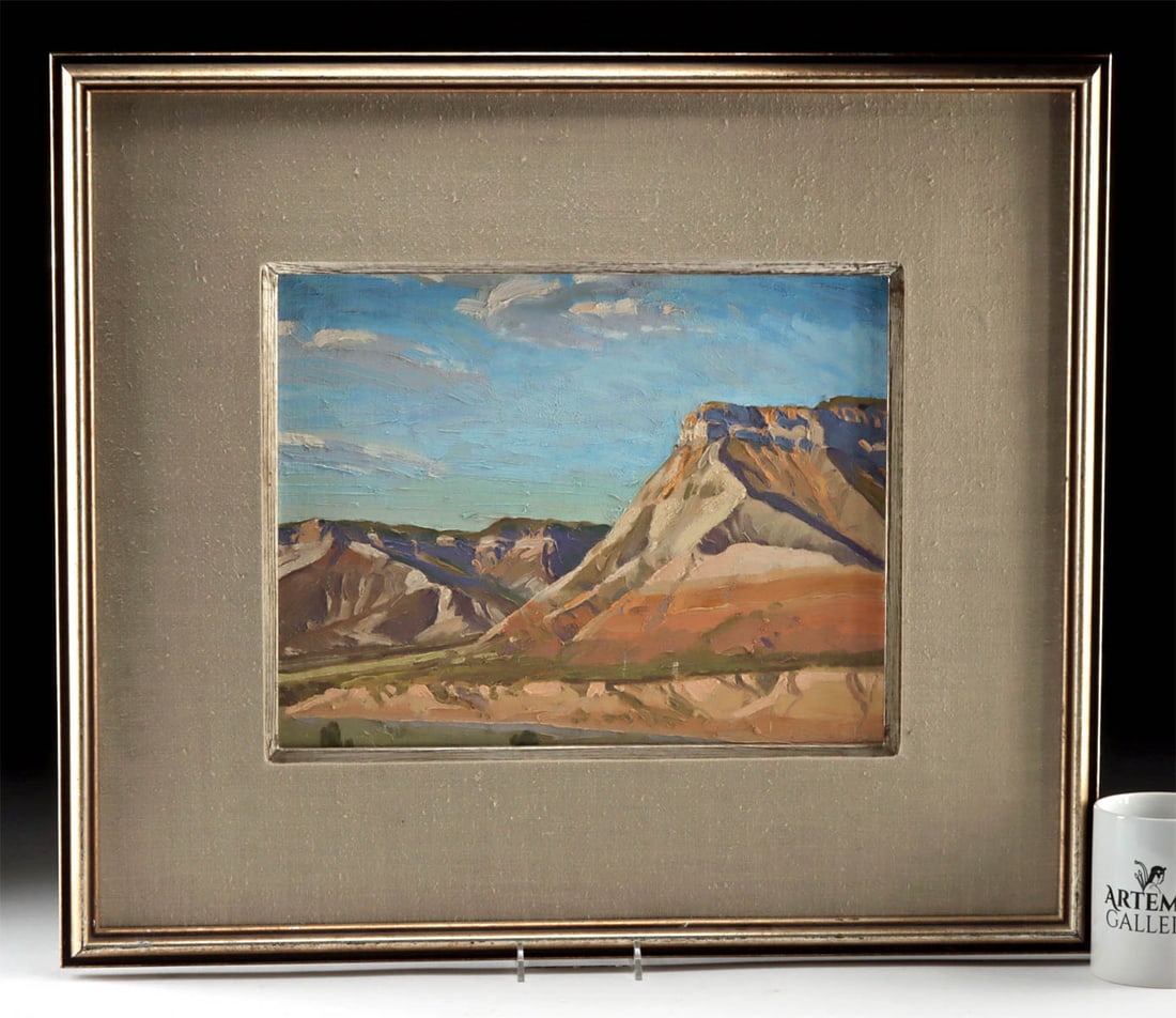 Len Chmiel Painting - "Cut by the Colorado" (1977): Len Chmiel (American, b. 1942). "Cut by the Colorado" oil on board, 1977. Signed at lower right. Signature, title, location, and date on verso. A stunning painting titled "Cut by the Colorado" by Amer