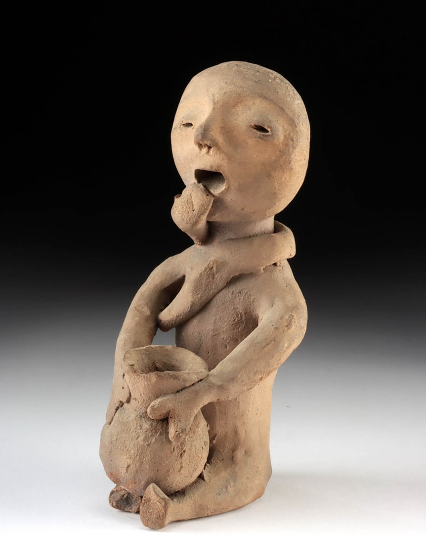 Tesuque Pueblo Pottery Seated Rain God w/ Snake & Pot (1 of 3)