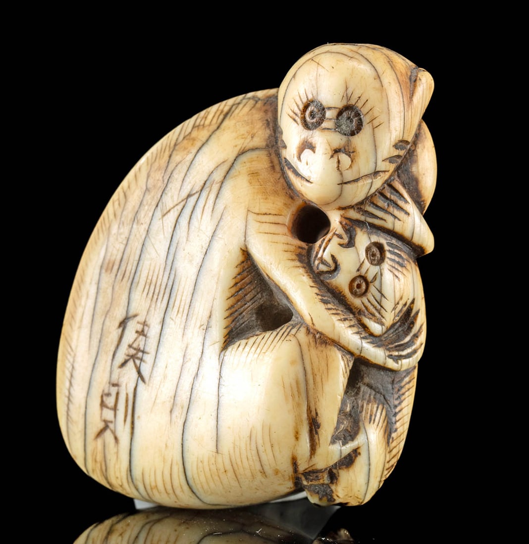 19th C. Chinese Ivory Belt Toggle w/ Mother Monkey (1 of 3)