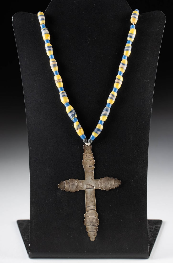 19th C. American Fur Trade Silver Cross & Bead Necklace (1 of 3)