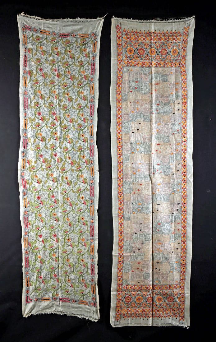 2 Early 20th C. Bengali Kantha Embroidery Silk Textiles (1 of 3)