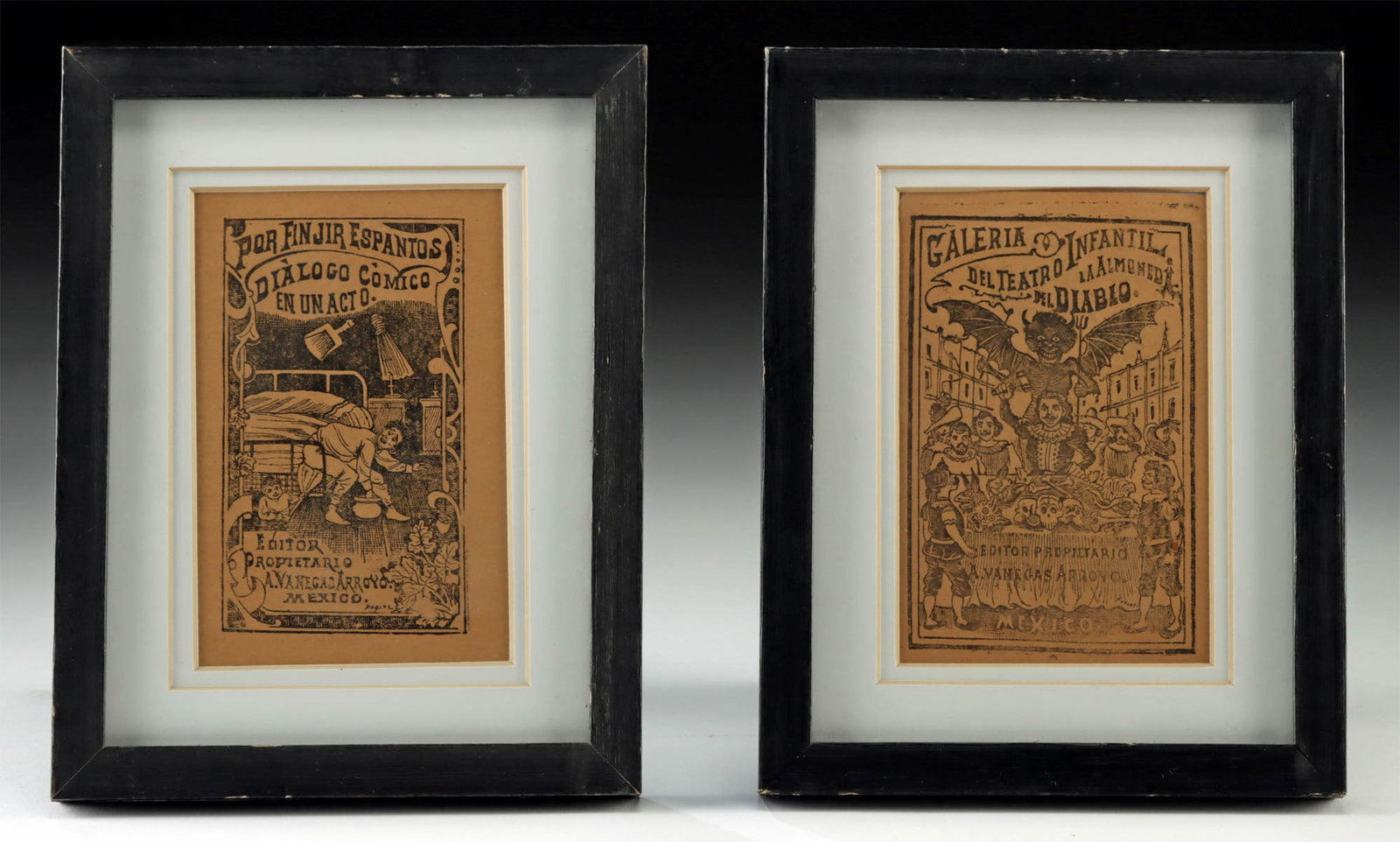 2 Jose Guadalupe Posada Chapbook Zincograph Pamphlets: Artist: Jose Guadalupe Posada Aguilar (Mexican, 1852-1913). Publisher: Antonio Venegas Arroyo (Mexican, 1852-1917). (1) "Galeria del Teatro Infantil. La Almoneda del Diablo" zincograph on handmade pap