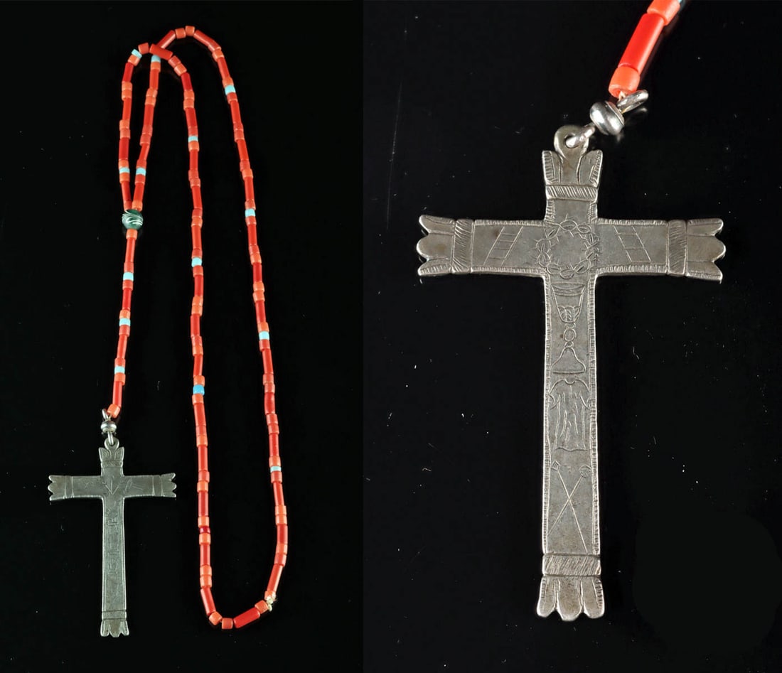 Mexican Beaded Necklace w/ Etched Crucifix Pendant (1 of 3)