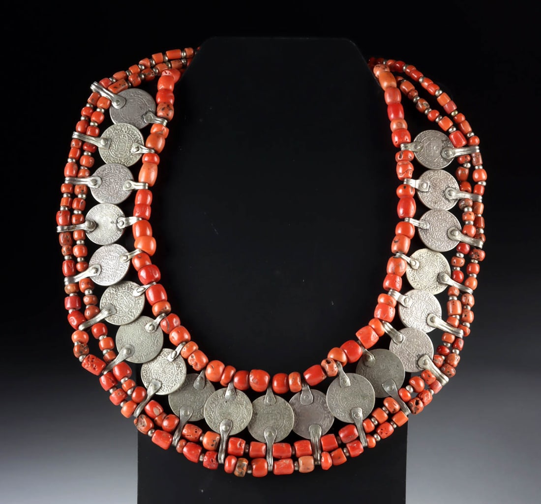 Moroccan Collar Necklace - Coral Beads, Silver Coins (1 of 2)