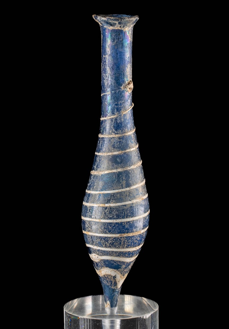 1st C. Roman Cobalt Glass Pefume Vessel W/ Trailing (1 of 3)