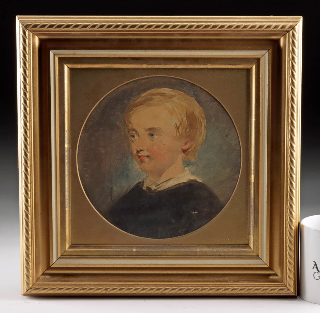 19th C. American Portrait of Boy (possibly Alfred Sully): American, perhaps School of Thomas Sully (British-born American, 1783-1872). Portrait of a boy, possibly Alfred Sully, oil on board, 19th century. A charming bust-length portrait depicting a sweet, yo