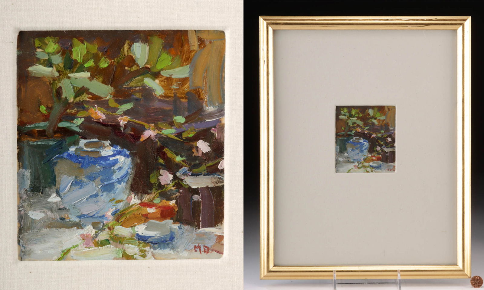 Mark Daily Painting - Floral Arrangement in Blue Vase: Mark Daily (American, b. 1946). "Floral Arrangement in Blue Vase" oil on board, n.d. Signed "M.D." at lower right. A wonderful still life by American artist Mark Daily depicting a blue vase on a table