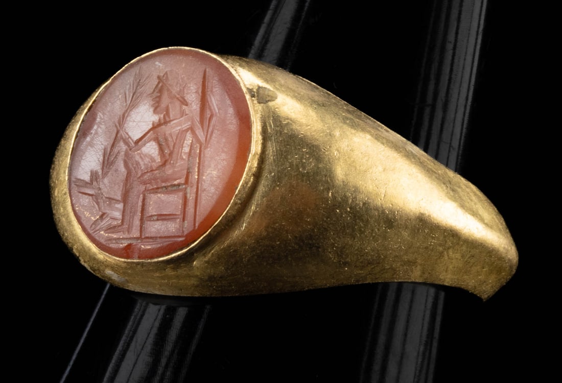 Roman Gold Ring w/ Carnelian Intaglio of Seated Jupiter (1 of 3)