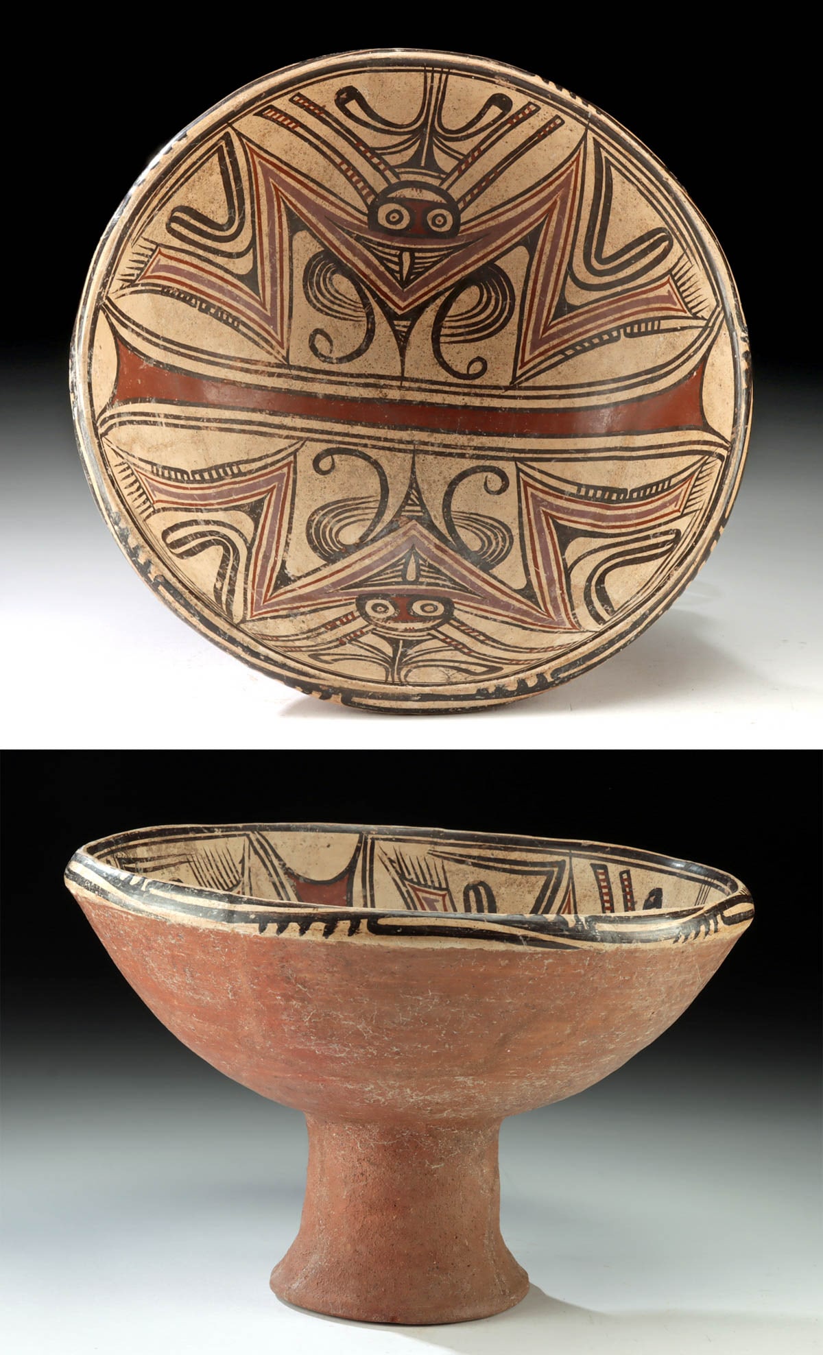 Panamanian Cocle Pedestal Bowl Creatures, ex-Tillou: Pre-Columbian, Central America, Panama, Gran Cocle, Macaracas type, ca. 800 to 1000 CE. A sizable pottery bowl resting atop a squat, wide pedestal with a flared foot. The cream-ground basin is decorat